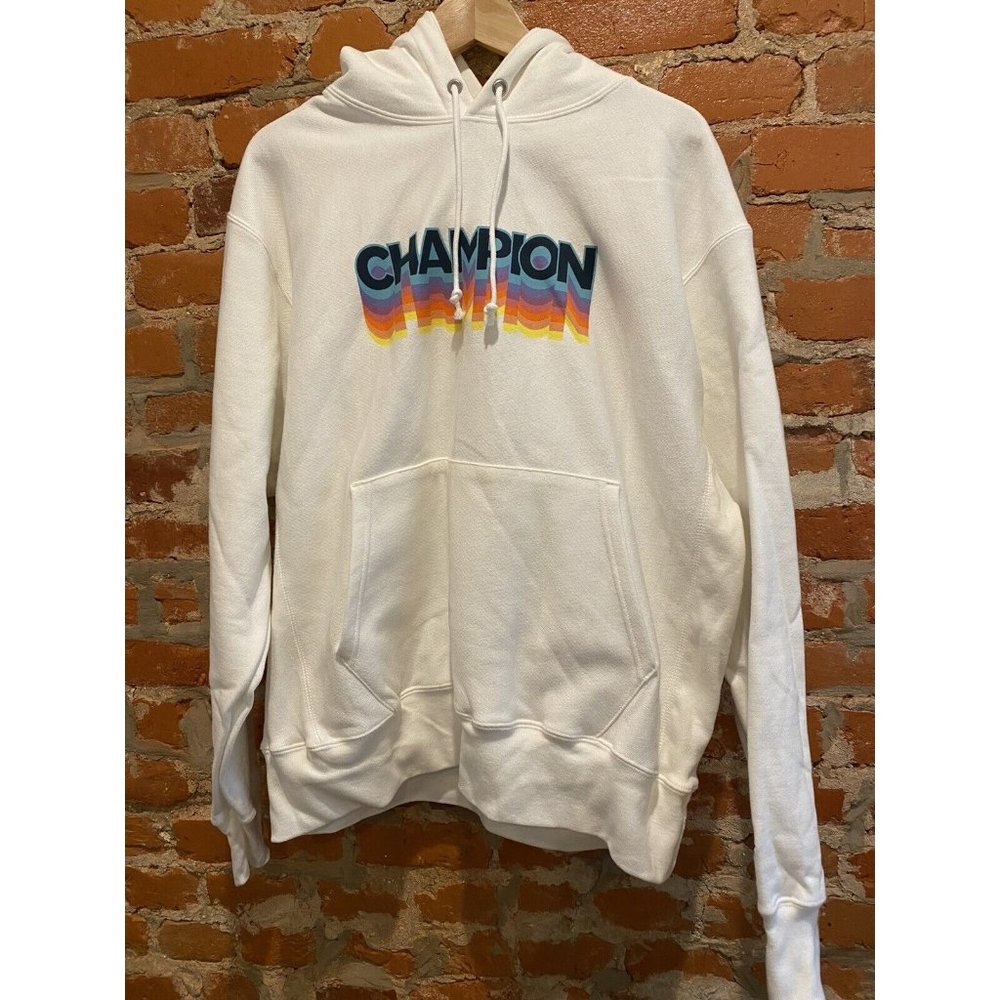 Champion Mens Reverse Weave WHITE Pullover Logo Hoodie POCKET Sweatshirt. Size L